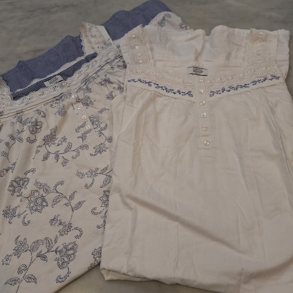 Celestial Dreams Nightgown Lot of 2 Sz M Blue Floral Grannycore Cotton Sleepwear